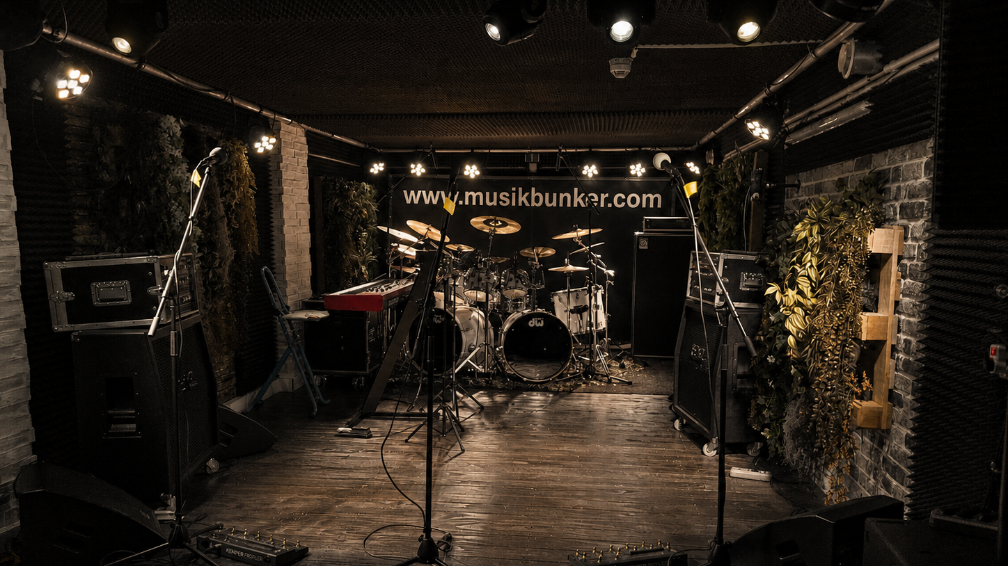 Bühne XXL im Musikbunker Frankfurt mit Schlagzeug, Backline und warmem Bunkerlicht