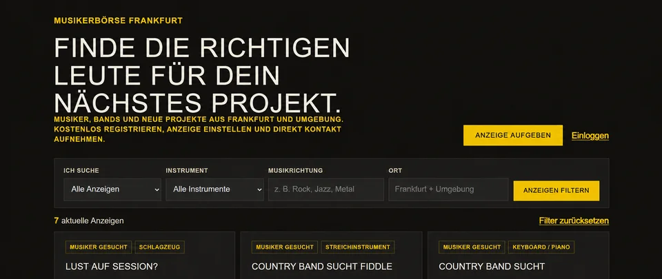 Musikerbörse im Community-Bereich mit Suchfiltern und Anzeige aufgeben