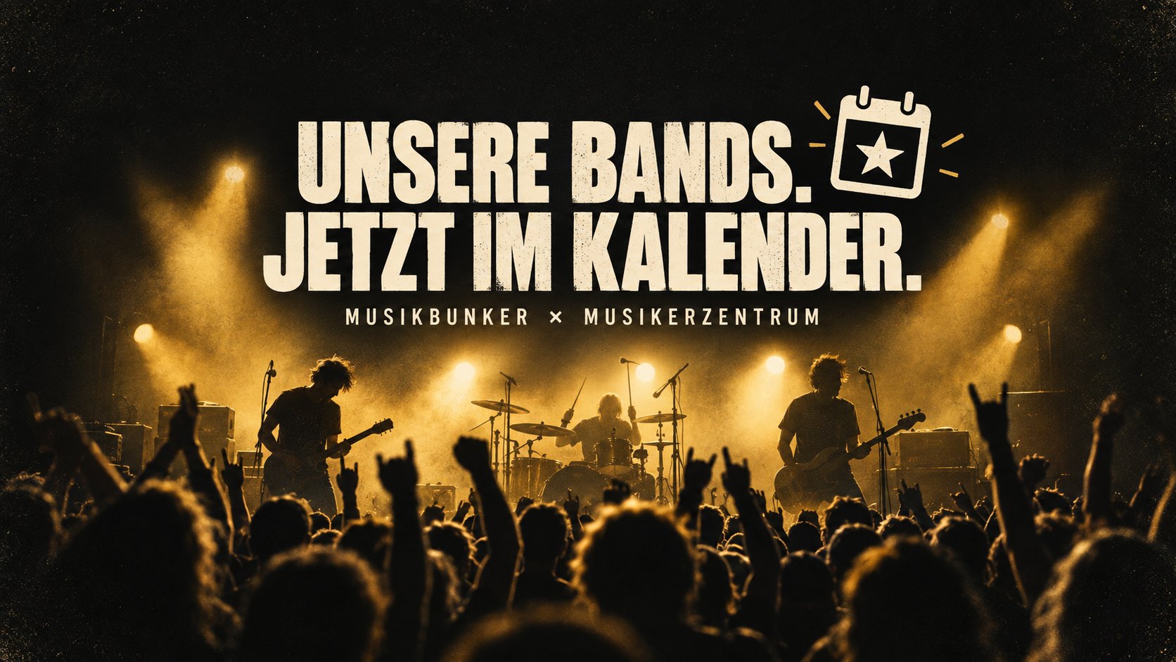 Konzertillustration mit Band, Publikum und der Aufschrift Unsere Bands. Jetzt im Kalender.