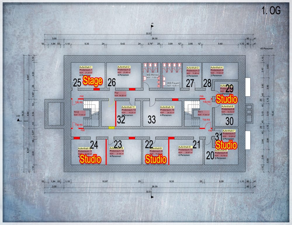 Plan der ersten Etage im Musikbunker Frankfurt Römerstadt