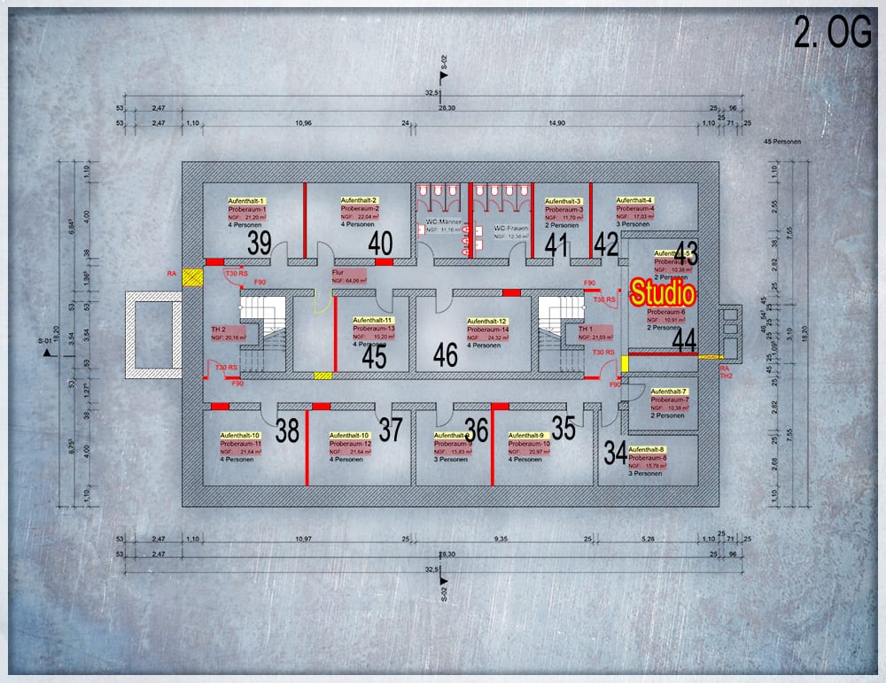 Plan der zweiten Etage im Musikbunker Frankfurt Römerstadt