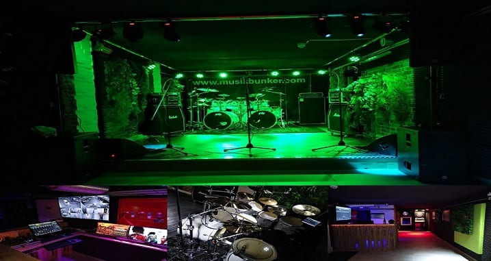 Bühnenraum im Musikbunker Frankfurt mit Backline und Licht