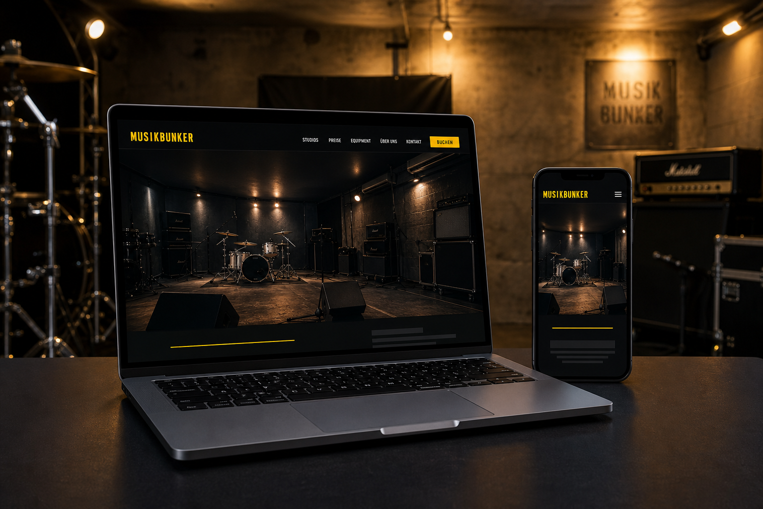 Neue Musikbunker-Website auf Laptop und Smartphone