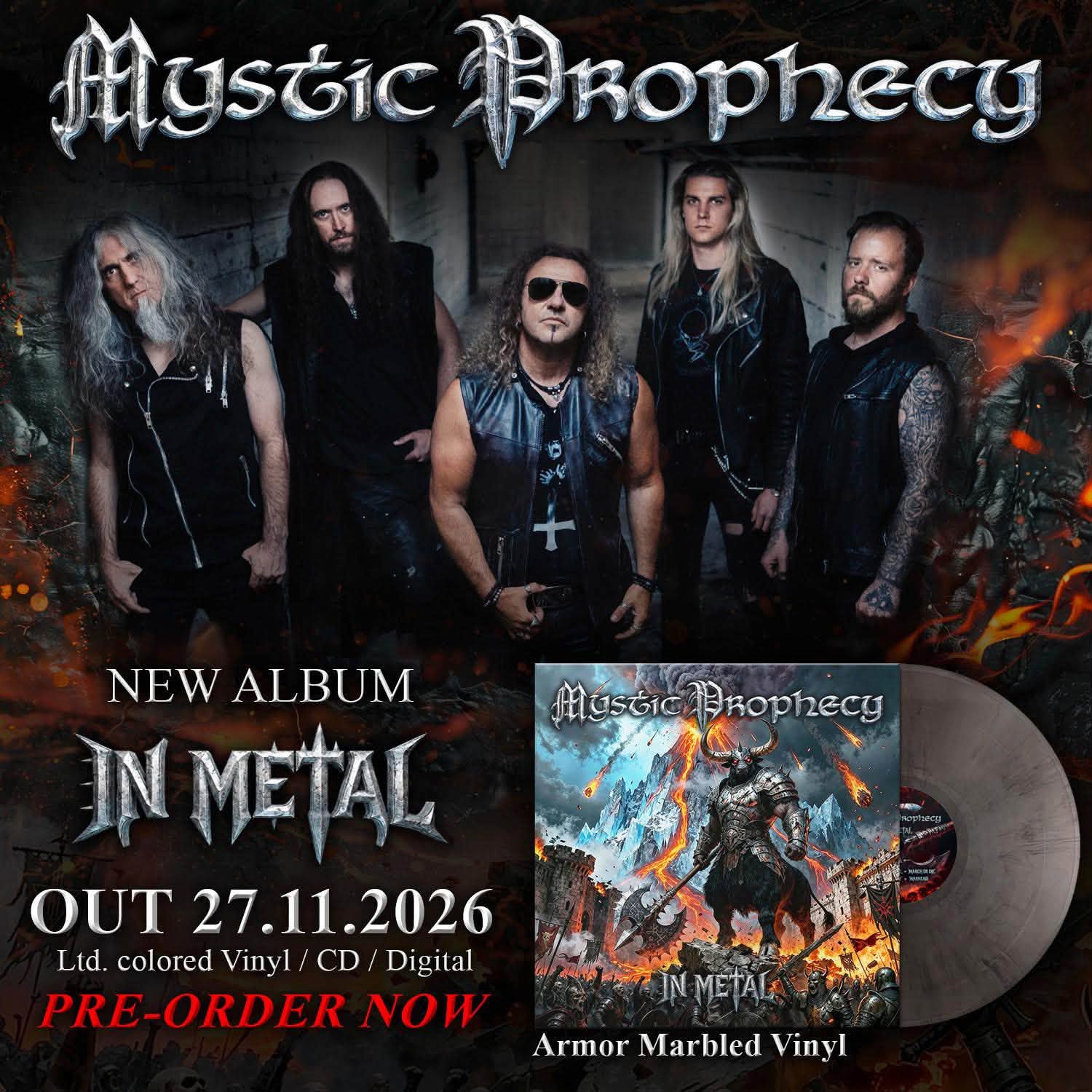 Mystic Prophecy – Bandmotiv mit Ankündigung des Albums In Metal